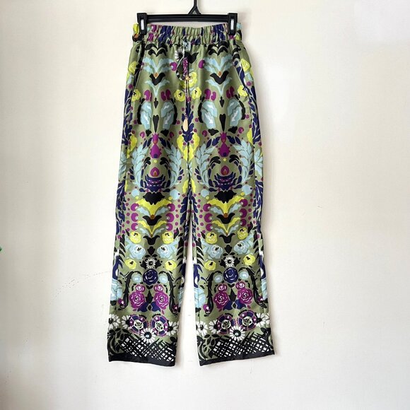 NEW Zara Satin Effect Floral Wide-Leg Pyjama Style Pants in Green, Size S - Picture 12 of 16